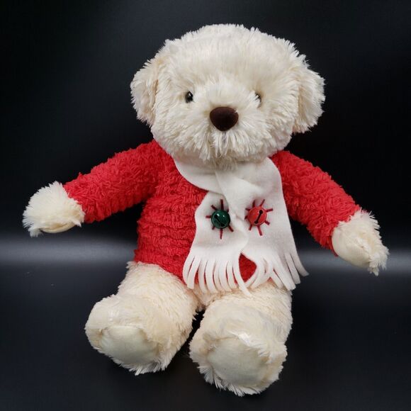 Musical Hallmark Christmas Plush Decor Teddy Bear Plays Jingle Bells Red Cream - Picture 1 of 16